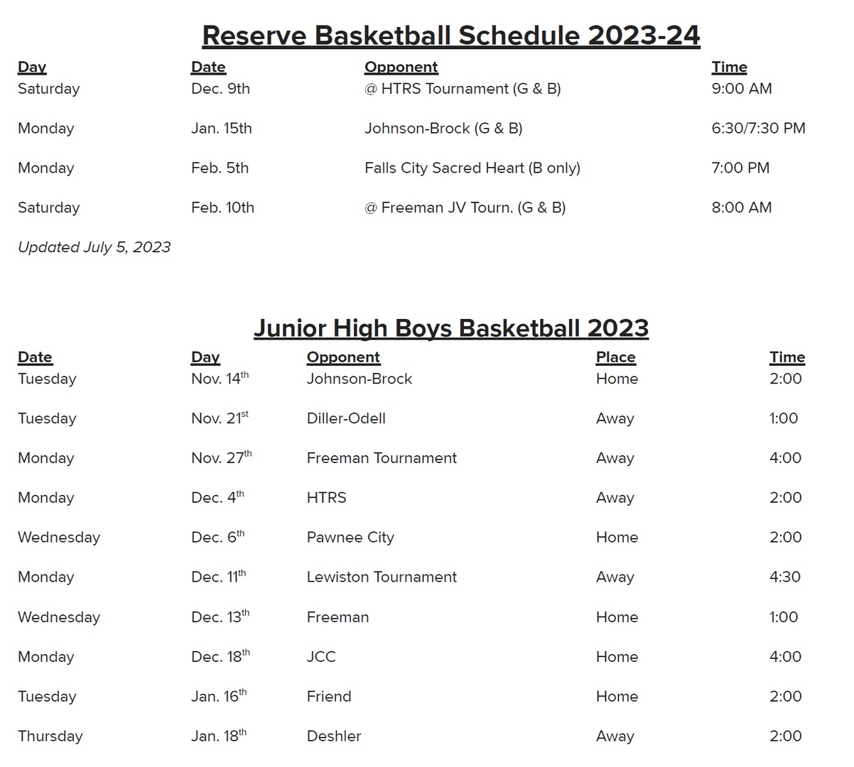 Sterling Public Schools 20232024 Basketball Schedules